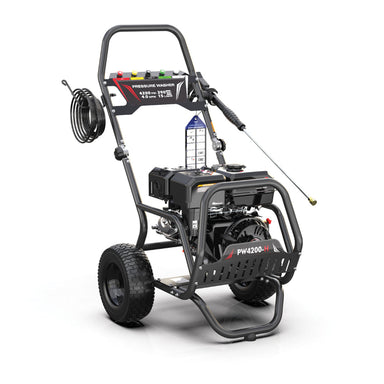 Angled front view of the Rato PW4200-H petrol pressure washer, delivering 4200 PSI (290 bar) with 4.0 GPM flow. Built with a powerful OHV engine, durable steel frame, pneumatic tyres, and ergonomic spray gun for tough industrial and heavy-duty cleaning.