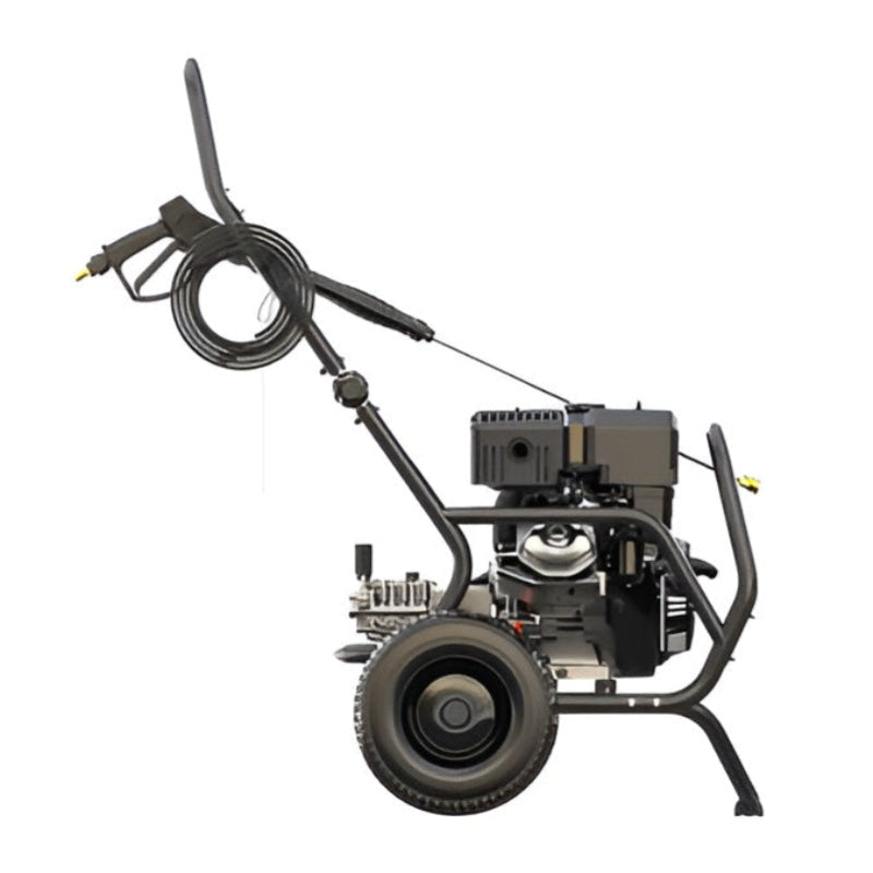 Left side view of the Rato PW4200-H petrol high-pressure washer, delivering 4200 PSI (290 bar) and 4.0 GPM. Features include a durable OHV engine, heavy-duty steel frame, reinforced hose, spray gun storage, and large pneumatic tyres for rugged cleaning performance.