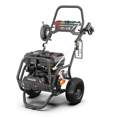 Rear angled view of the Rato PW4200-H petrol pressure washer, featuring a 4200 PSI (290 bar) output with 4.0 GPM flow. Designed with robust OHV engine, steel frame, large pneumatic tyres, hose storage, and spray gun holder for demanding heavy-duty cleaning tasks.