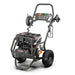 Rear angled view of the Rato PW4200-H petrol pressure washer, featuring a 4200 PSI (290 bar) output with 4.0 GPM flow. Designed with robust OHV engine, steel frame, large pneumatic tyres, hose storage, and spray gun holder for demanding heavy-duty cleaning tasks.
