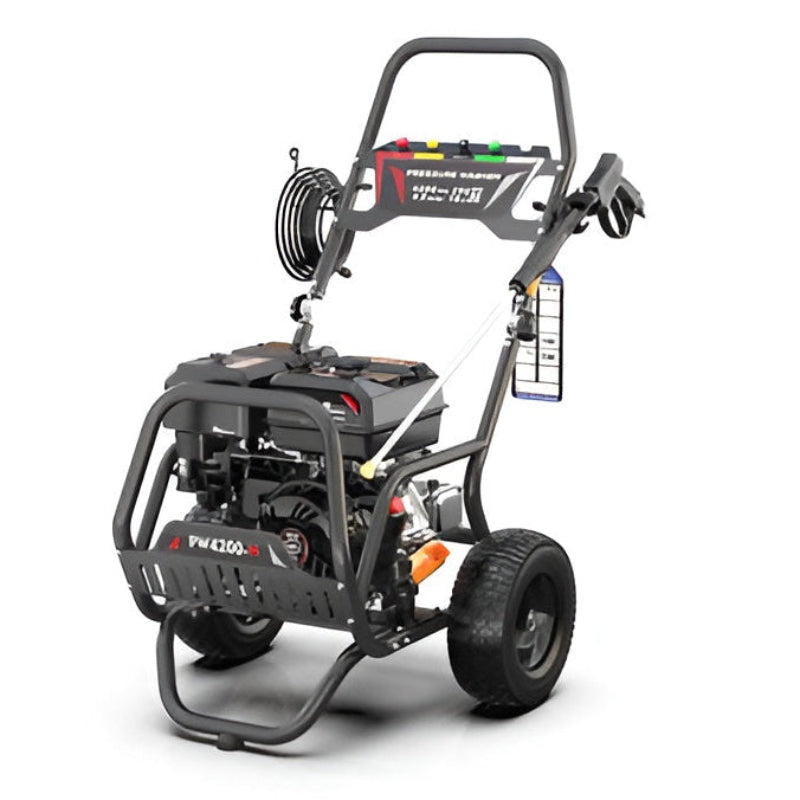 Rear angled view of the Rato PW4200-H petrol pressure washer, featuring a 4200 PSI (290 bar) output with 4.0 GPM flow. Designed with robust OHV engine, steel frame, large pneumatic tyres, hose storage, and spray gun holder for demanding heavy-duty cleaning tasks.