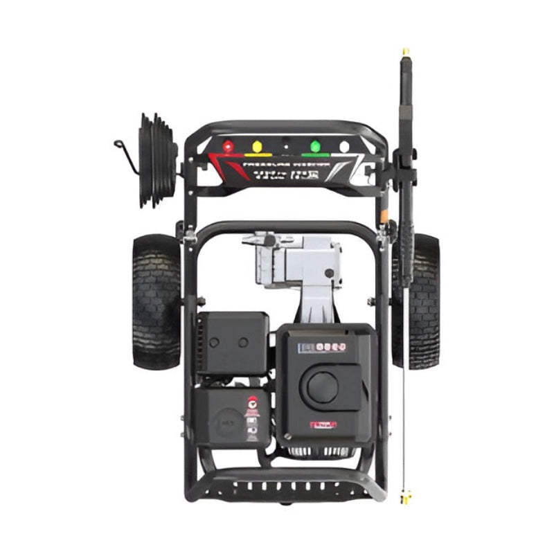 Top-down view of the Rato PW4200-H petrol pressure washer, rated at 4200 PSI and 4.0 GPM. Shows ergonomic handle, spray wand holder, hose reel, colour-coded nozzles, wide pneumatic tyres, and durable steel frame construction for industrial and commercial cleaning.