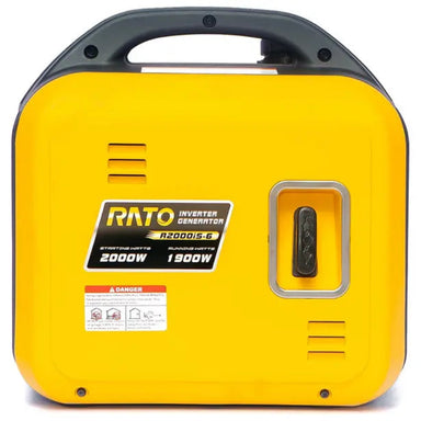 Front view of the Rato R2000iS-6 inverter generator in bright yellow casing with black handle and control panel. The label shows 2000W starting watts and 1900W running watts. Compact, portable design ideal for outdoor and backup power.