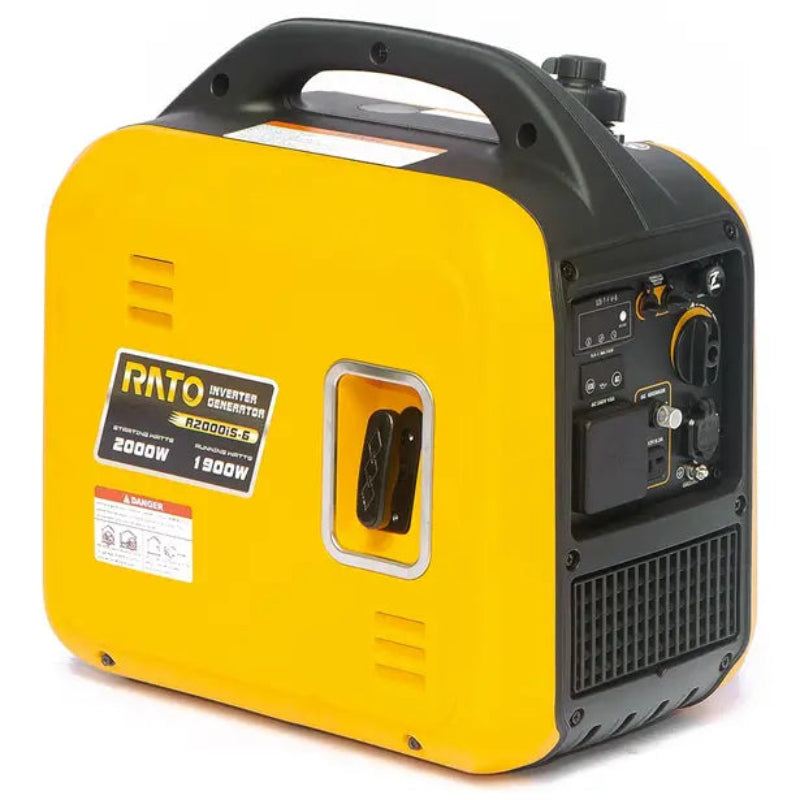 Rear side angle view of the Rato R2000iS-6 inverter generator in bright yellow casing with black handle and top fuel cap. Control panel with outlets and switches is visible, along with ventilation grilles and labeled 2000W starting and 1900W running power.