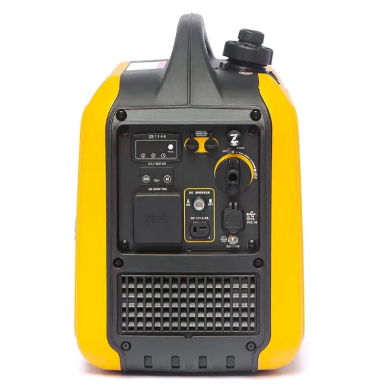 Close-up rear view of the Rato R2000iS-6 inverter generator in yellow casing with black top handle and fuel cap. The detailed control panel is visible, featuring AC and DC outlets, breaker switch, grounding port, and ventilation grille for cooling.