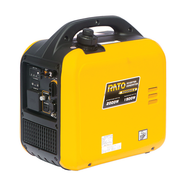 Angled side view of the Rato R2000iS-6 inverter generator in yellow casing with black top handle and fuel cap. The label indicates 2000W starting watts and 1900W running watts, with visible control panel and air vent design.