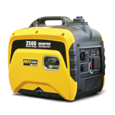 Rato R2500iS inverter generator in bright yellow with black detailing, shown at an angled front-right view. The panel with multiple control switches, outlets, and indicators is clearly visible. Compact portable design with top carry handle and durable casing.