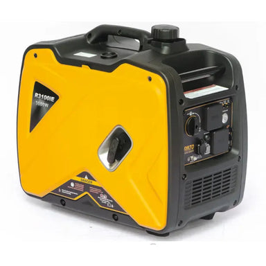 Rato R3100iE yellow and black inverter generator shown from an angled side view, featuring labeled power panel, vents, and handle on top. Compact portable design suitable for reliable outdoor power supply with 3000W capacity for multiple applications.