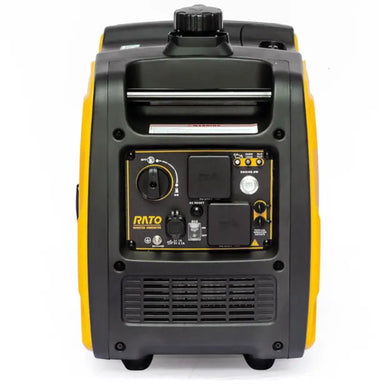 Front-facing view of the Rato R3100iE inverter generator showing detailed control panel with outlets, switches, and labeled indicators. The yellow and black portable generator provides 3000W power, designed for outdoor, camping, or backup electricity with easy-to-use interface.
