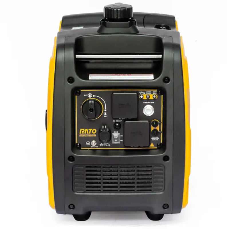 Front-facing view of the Rato R3100iE inverter generator showing detailed control panel with outlets, switches, and labeled indicators. The yellow and black portable generator provides 3000W power, designed for outdoor, camping, or backup electricity with easy-to-use interface.