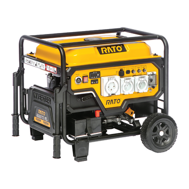 Rato R6000iD-3 inverter generator in yellow and black with protective steel frame, wheels, and multiple outlets on the front control panel. Heavy-duty portable generator designed for 9500W starting power and 5000W running output for versatile applications.