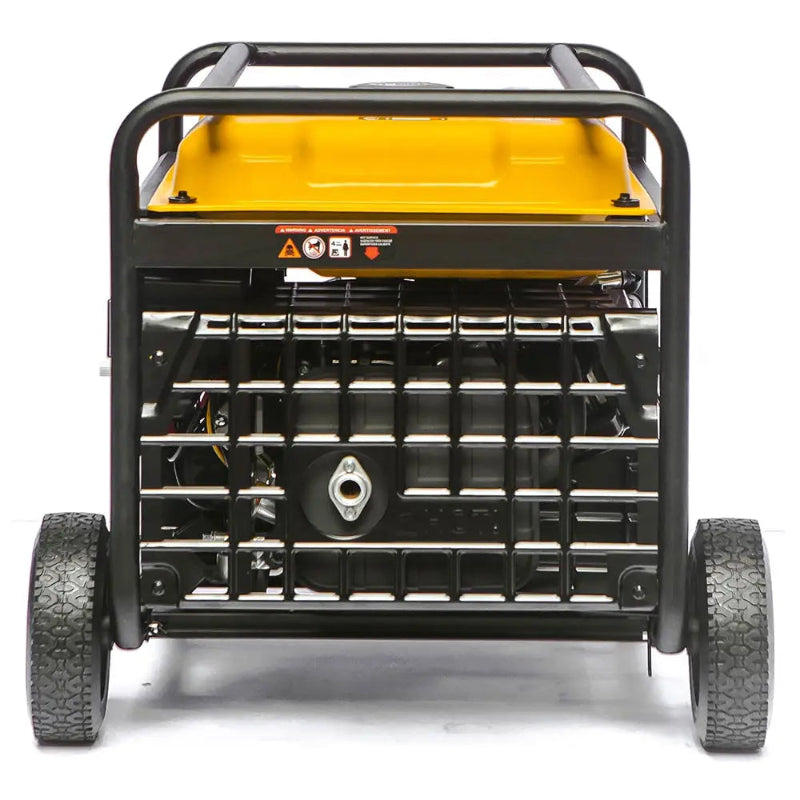 Rear view of the Rato R6000iD-3 open frame inverter generator showing the protective metal grid over the exhaust and rear housing. The heavy-duty wheels, steel frame, and robust design highlight its durability for industrial, outdoor, and emergency backup use.