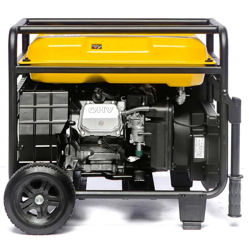 Side view of the Rato R6000iD-3 open frame inverter generator showing the exposed OHV engine, fuel tank on top, and protective steel frame with durable wheels. Highlights the engine layout and rugged design for reliable outdoor and backup power.