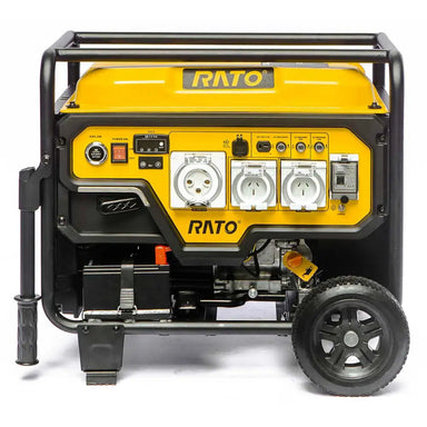 Front view of the Rato R6000iD-3 open frame inverter generator, showing yellow fuel tank, sturdy black frame, and control panel with multiple outlets, switches, and start button. Built for 9500W peak and 5000W running power with portability.