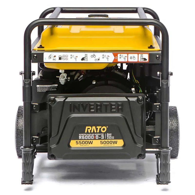 Rear view of the Rato R6000iD-3 open frame inverter generator, highlighting its black frame, yellow fuel tank, and engine housing labeled “Inverter” with power ratings of 5500W peak and 5000W running. Built for durability and reliable outdoor power.