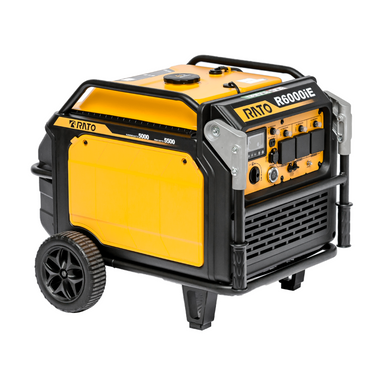 Angled side view of the Rato R6000iE inverter generator in yellow and black design, featuring sturdy wheels, protective frame, and control panel. Heavy-duty 5500W portable generator designed for reliable outdoor power, construction sites, and emergency backup electricity needs.