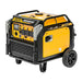 Front angled view of the Rato R6000iE inverter generator in yellow with black frame, showing detailed control panel, multiple outlets, rugged wheels, and protective cage. Heavy-duty 5500W portable generator designed for outdoor power, construction sites, and emergency backup use.