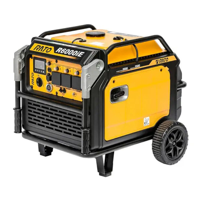 Front angled view of the Rato R6000iE inverter generator in yellow with black frame, showing detailed control panel, multiple outlets, rugged wheels, and protective cage. Heavy-duty 5500W portable generator designed for outdoor power, construction sites, and emergency backup use.