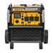 Front view of the Rato R6000iE inverter generator in yellow and black, showing the full control panel with outlets, switches, and digital display. Heavy-duty 5500W portable generator equipped with sturdy wheels, protective frame, and designed for reliable outdoor power supply.