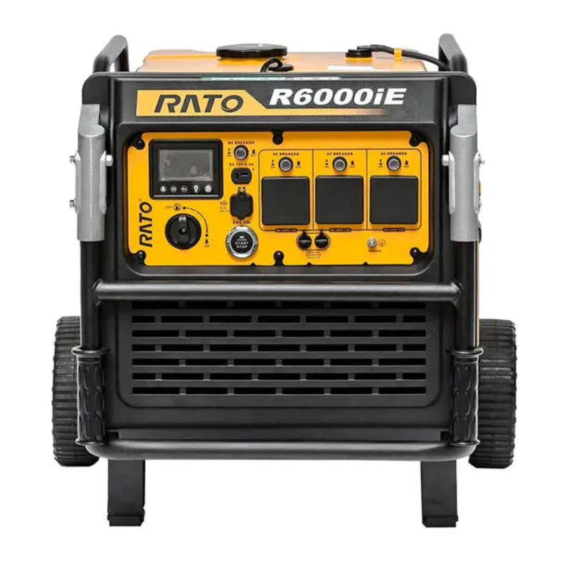 Front view of the Rato R6000iE inverter generator in yellow and black, showing the full control panel with outlets, switches, and digital display. Heavy-duty 5500W portable generator equipped with sturdy wheels, protective frame, and designed for reliable outdoor power supply.