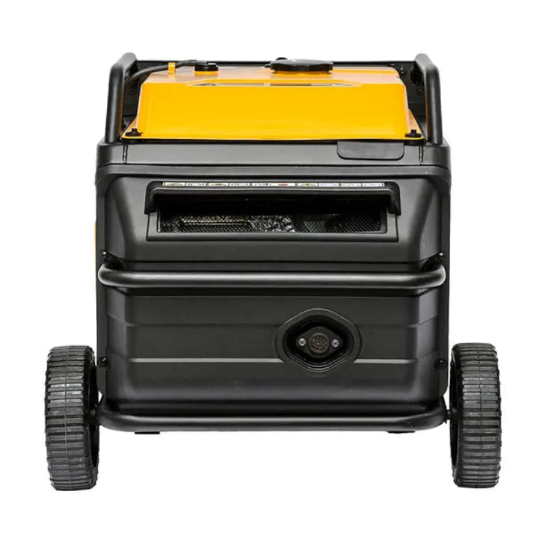 Rear view of the Rato R6000iE inverter generator in black and yellow, showing its dual wheelbase, rear ventilation system, and protective frame. Heavy-duty portable 5500W generator built for durability, mobility, and consistent high-performance power output in demanding environments.
