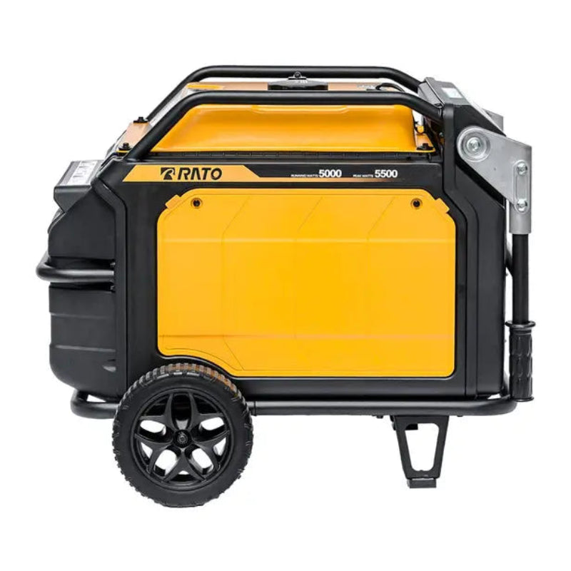 Side profile of the Rato R6000iE inverter generator in yellow and black, highlighting its durable housing and large rugged transport wheels. Heavy-duty 5500W generator designed for stability, portability, and reliable power for industrial, residential, or outdoor camping use.