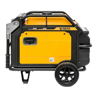 Side view of the Rato R6000iE inverter generator in bright yellow with black frame, showing rugged wheels, sturdy support legs, and a sleek enclosed body. Heavy-duty 5500W generator designed for mobility, outdoor power, and reliable performance in demanding conditions.