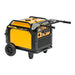 Side angle view of the Rato R6000iE inverter generator in yellow and black, featuring extended transport handles, sturdy wheels, and visible control panel. Heavy-duty 5500W portable generator designed for easy maneuverability, outdoor power supply, construction use, and backup electricity needs.