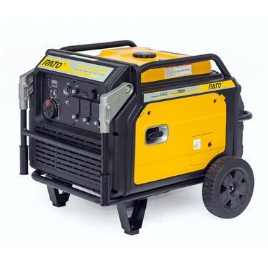 Rato R8000iE 7.5kW inverter generator shown at a three-quarter front angle. The unit features a bright yellow housing with black steel frame, sturdy wheels, control panel with multiple outlets, and protective corner guards for durability in heavy-duty outdoor power use.