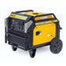 Rato R8000iE 7.5kW inverter generator shown at a three-quarter front angle. The unit features a bright yellow housing with black steel frame, sturdy wheels, control panel with multiple outlets, and protective corner guards for durability in heavy-duty outdoor power use.