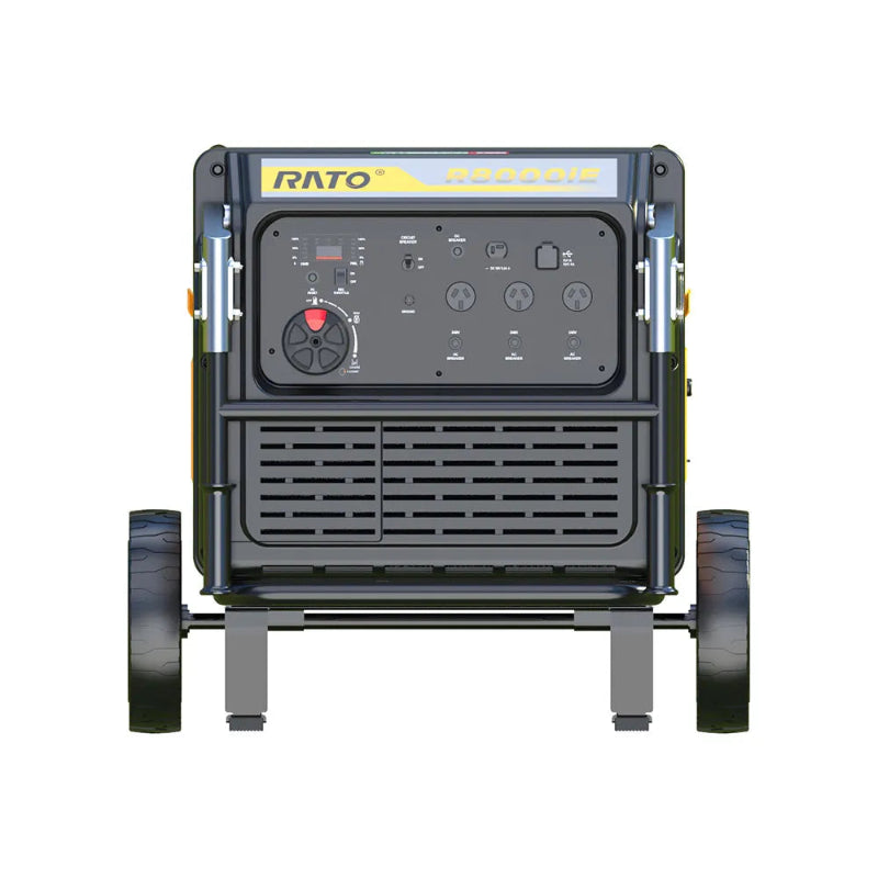 Front control panel view of Rato R8000iE 7.5kW inverter generator with multiple AC outlets, circuit breakers, digital display, and rugged design. The yellow and black housing highlights its durability, reliability, and suitability for home backup and industrial power applications.