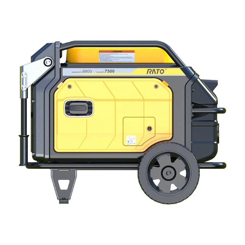 Side profile view of Rato R8000iE 7.5kW inverter generator showing yellow casing, heavy-duty wheels, black protective frame, and stable support stand. Built for high power output, durability, and ease of mobility in residential, commercial, and outdoor environments.
