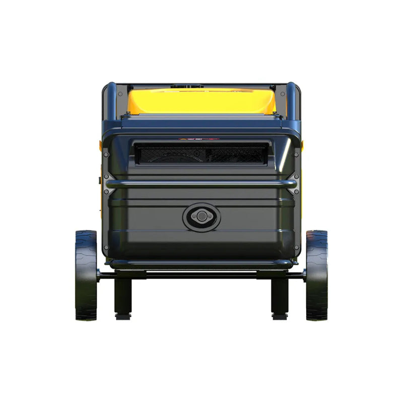 Rato R8000iE 7.5kW inverter generator rear view. Black housing with cooling vent, circular port detail, and large rugged wheels for mobility. Heavy-duty portable generator with yellow top fuel tank, sturdy frame, and advanced design for reliable power output.