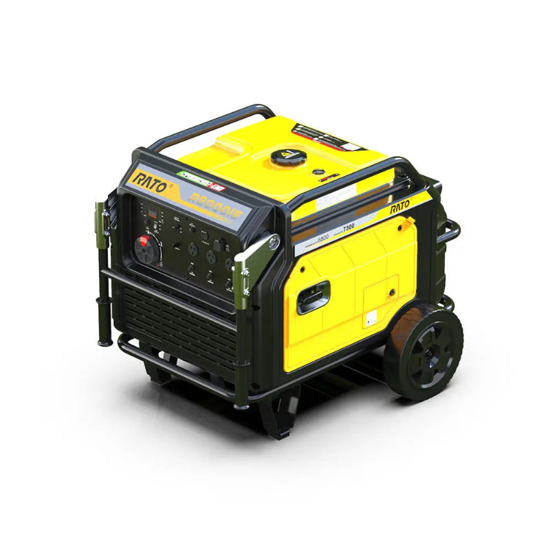 Rato R8000iE 7.5kW inverter generator viewed from an elevated front angle. Compact design with rugged steel frame, yellow housing, large wheels, and full front control panel featuring multiple outlets, switches, and controls for reliable power supply in outdoor or backup use.