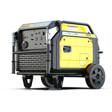 Rato R8000iE 7.5kW inverter generator shown at a low front-side angle. Features include rugged wheels, steel frame, yellow side panels, and a full front control panel with multiple outlets, switches, and knobs designed for reliable heavy-duty power applications.