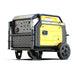 Rato R8000iE 7.5kW inverter generator shown at a low front-side angle. Features include rugged wheels, steel frame, yellow side panels, and a full front control panel with multiple outlets, switches, and knobs designed for reliable heavy-duty power applications.