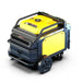 Rato R8000iE 7.5kW inverter generator rear-side top angle view. Yellow housing with rugged black frame, large wheels, protective bars, and visible exhaust vent. Portable heavy-duty generator designed for outdoor, worksite, or backup electricity needs with durable construction and efficient performance.