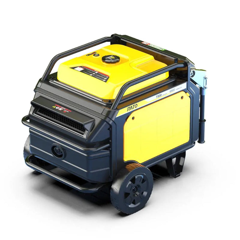 Rato R8000iE 7.5kW inverter generator rear-side top angle view. Yellow housing with rugged black frame, large wheels, protective bars, and visible exhaust vent. Portable heavy-duty generator designed for outdoor, worksite, or backup electricity needs with durable construction and efficient performance.
