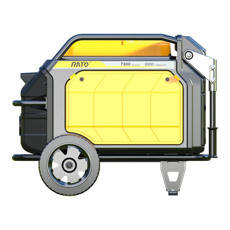 Rato R8000iE 7.5kW inverter generator side profile. Yellow side panel with black frame, rugged wheels, and stabilizing leg for secure operation. Heavy-duty portable generator with clear 7300W peak and 6800W running wattage markings, designed for durability and outdoor use.