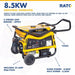 Rato R8500D-3 8.5kW industrial generator with 4-stroke 499cc OHV engine. Heavy-duty petrol generator designed for worksites, welding, tools, and backup power. Includes 32-amp IP66 plug, automatic voltage regulation, durable steel frame, and portable wheel kit for easy transport.