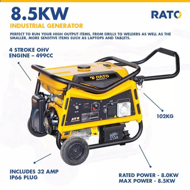 Rato R8500D-3 8.5kW industrial generator with 4-stroke 499cc OHV engine. Heavy-duty petrol generator designed for worksites, welding, tools, and backup power. Includes 32-amp IP66 plug, automatic voltage regulation, durable steel frame, and portable wheel kit for easy transport.
