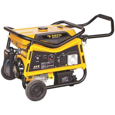 Rato R8500D-3 inverter generator with wheels, handles, and heavy-duty frame. Powerful portable petrol generator designed for backup power, construction sites, events, and outdoor use. Durable engine, multiple outlets, and AVR automatic voltage regulation for stable electricity supply.