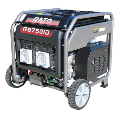 Rato R8750iD heavy-duty inverter generator with wheels and handle for portability. Features dual outlets, digital display, and rugged frame. Ideal for backup power, construction sites, and off-grid applications requiring reliable and efficient 8750-watt performance.