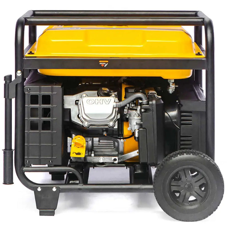 Engine-side view of the Rato R9500iD-3 9.5kW inverter generator, featuring a powerful OHV engine with accessible service points. Shows rugged frame, cooling vents, and wheel kit, ideal for industrial and commercial applications needing reliable high-capacity portable power.