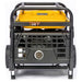 Exhaust-side view of the Rato R9500iD-3 9.5kW inverter generator. Displays heavy-duty steel frame, large muffler with protective grille, and robust wheel kit. Designed for industrial and commercial users requiring durable backup power with low-noise, efficient open-frame performance.