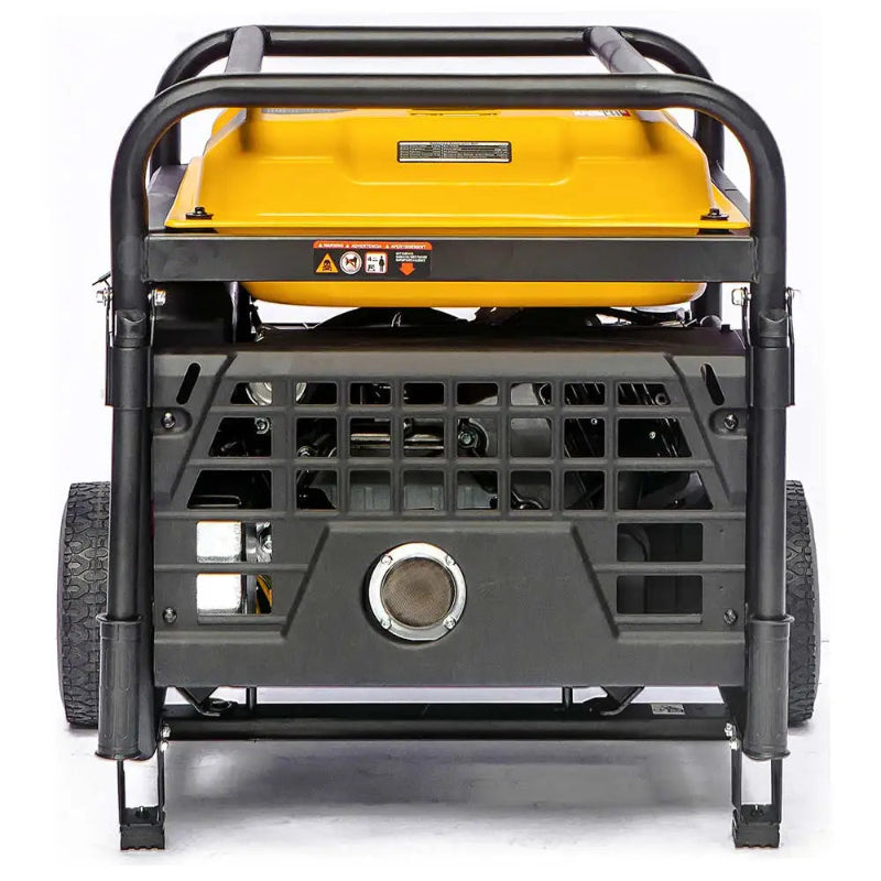 Exhaust-side view of the Rato R9500iD-3 9.5kW inverter generator. Displays heavy-duty steel frame, large muffler with protective grille, and robust wheel kit. Designed for industrial and commercial users requiring durable backup power with low-noise, efficient open-frame performance.