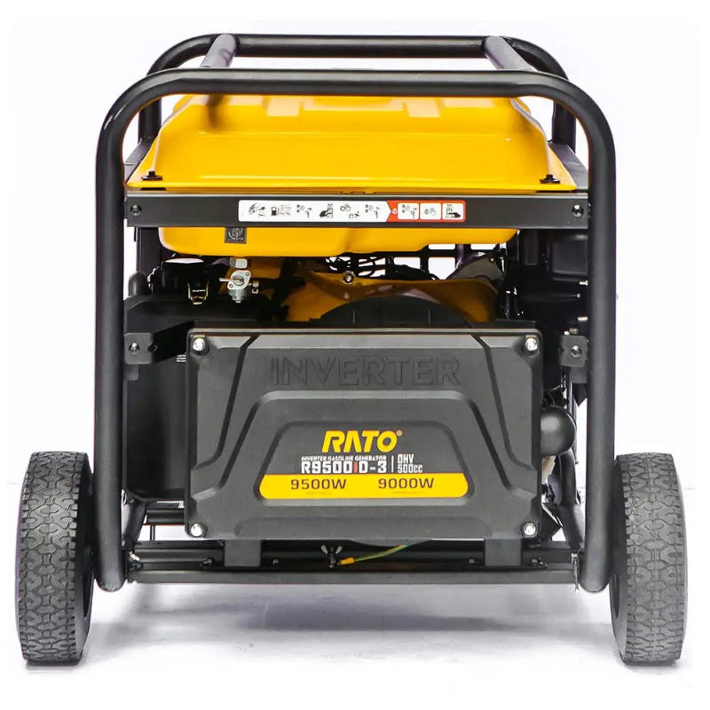 Rear view of the Rato R9500iD-3 9.5kW open frame inverter generator. Displays engine compartment and inverter housing with bold Rato branding. Built with durable wheels and frame for industrial, commercial, and emergency backup power supply needs.