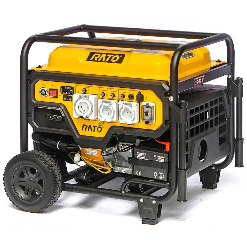 Angled front and side view of the Rato R9500iD-3 9.5kW open frame inverter generator. Shows heavy-duty frame, outlets, battery, and cooling system. Built for reliability in commercial, industrial, and emergency backup power supply applications.
