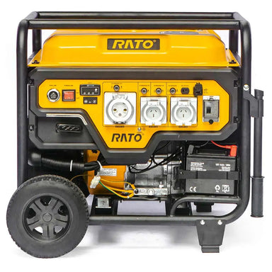Front view of the Rato R9500iD-3 9.5kW open frame inverter generator. Features digital display, multiple power outlets, electric start button, circuit protection, and sturdy wheels. A heavy-duty petrol generator designed for industrial, commercial, and backup power applications.