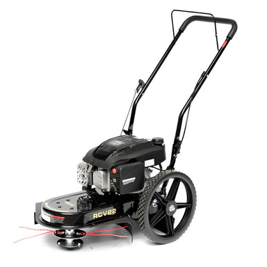 Rato RCV22 petrol-powered high wheel trimmer with heavy-duty string trimming head, large traction wheels, and ergonomic handle. Designed for tackling thick grass, weeds, and rough terrain, ideal for residential, acreage, and light commercial lawn and garden maintenance.